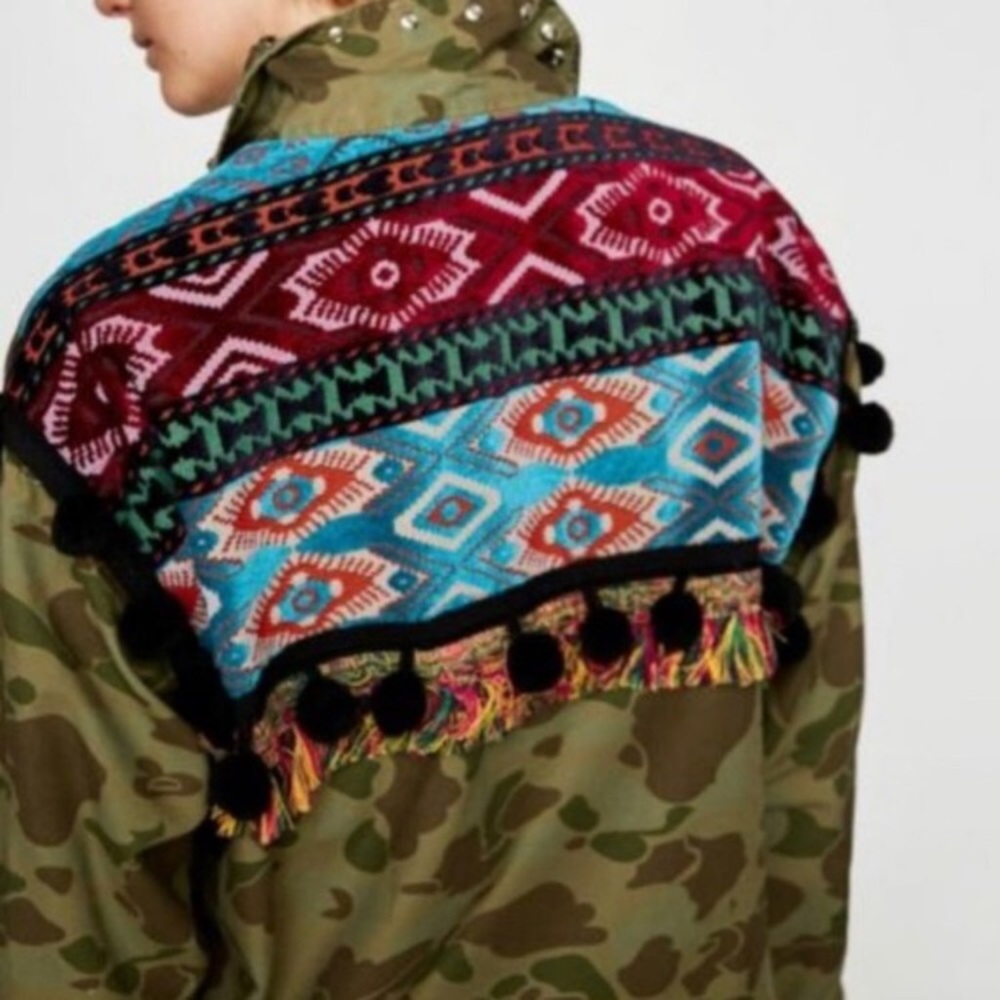 Zara camo jacket with pompoms